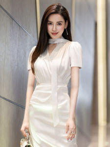 Elegant Satin Dress with Sash Asymmetrical Design Luxury Casual Evening Gown Party Dress High Waist Midi Skirt V-Neck Short Sleeve