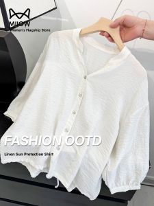 Miiow | Cat Person 2025 Summer New Womens Outdoor Wear Linen Sun Protection Shirt French Loose Slimming V-neck Seven-sleeve Coat