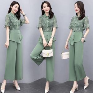Fashionable Versatile Womens Summer Slimming Wide Leg Pants Two Piece Set High Waist Print High Quality Polyester Short Sleeve