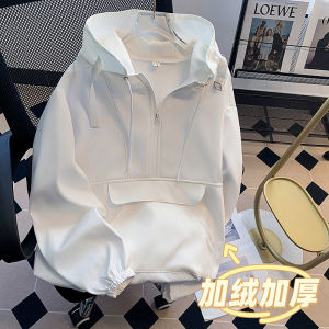 Half Zipper Patchwork Pocket Sweatshirt Outwear Men Fleece-lined Thickened Workwear Tops Stylish Loose Shell Jacket Jacket