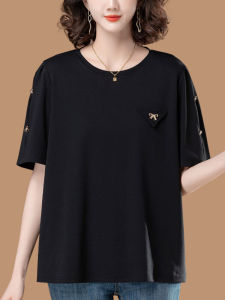 Áo Thun Cotton Tay Ngắn Dáng Rộng Cỡ Lớn Cho Nữ Mùa Hè Màu Đen Cổ Tròn Tay Ngắn Áo Thun Cotton Phong Cách Thường Ngày Cho Phụ Nữ Trung Niên Và Cao Tuổi