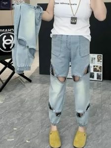 Unique Hollow out Harajuku Style Jeans High Waist Nine Points Loose Fit Summer plus Size Womens Casual Trousers