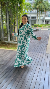 Plus Size (XL-4XL) Silk Crepe Close Neck Abstract Line Full Button Long Jubah Maxi Dress Muslimah (30099-5)