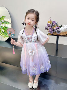 ชุดเดรสเจ้าหญิงสไตล์จีนสำหรับเด็กผู้หญิง ชุดการแสดงผ้าโปร่ง ชุดฤดูร้อน ชุดเดรสผ้าฝ้ายแขนสั้นทรงเอ ชุดเด็กผู้หญิง