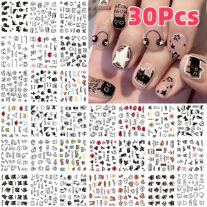 30pcs/set 3D Cartoon Cat Letter Lips Nail Stickers Lovely Graffiti Animals Love Bow Nail Decals DIY Manicure Decoration Sliders