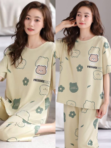 ผ้าฝ้ายแขนสั้นชุดนอนฤดูร้อนชุดผู้หญิง 2024 ใหม่การ์ตูนพิมพ์ Crewneck Capri กางเกง Outwear