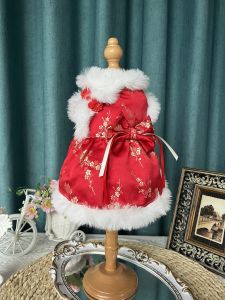 Original Fleece-lined Chinese Style Autumn and Winter Pet Cheongsam Princess Style Tang Suit Dog Cat Dress Teddy Bichon Clothes