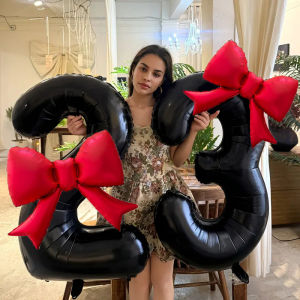 ชุดลูกโป่งดิจิตอลสีดำขนาด 40 นิ้ว พร้อมลูกโป่งฟอยล์อลูมิเนียมโบว์สีแดง สำหรับงานวันเกิดและงานฉลองครบรอบ