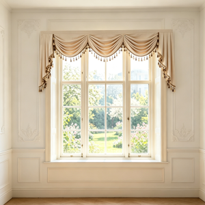 Solid Beige Velvet Swag Valance with Dual Color Tassels & Side Panels Luxury European Decor Window Header for Living Bedroom