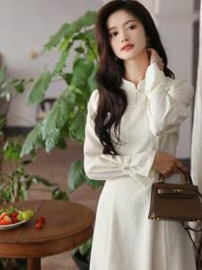 Elegant Chinese Style Qipao Dress Womens Spring Autumn Gentle Style National Spirit round Neck High Waist Long Sleeve Dress