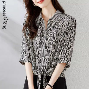 WANGGONGZHU | Princess Style Summer New Loose Womens Shirt Floral Print Turn-down Collar Short Sleeve Fashionable Korean Style Top