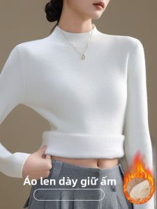 MiiOW | Áo len dệt kim dày màu trắng cổ cao có lót lông cừu MiiOW dành cho nữ mùa thu đông phong cách mới Áo len dệt kim dài tay thường