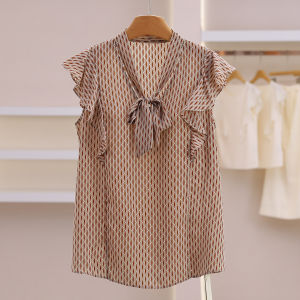 Ruffled Decorative Vintage Print Chiffon Blouse for Summer Women