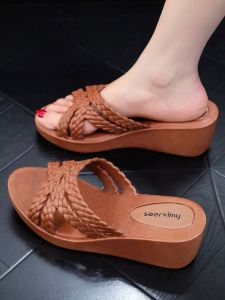 Womens Summer Outdoor Wear Heels Casual Thick Bottom Sandals Anti-Slip High Heel Slope Heel Daily Leisure Slippers