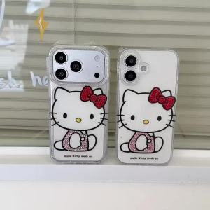 Sanrio | Cute 3D Rhinestone KT Phone Case for iPhone 17 Pro 16 15 Pro Max Clear Glitter Shockproof Soft TPU Cover With Red Bow Anti Drop