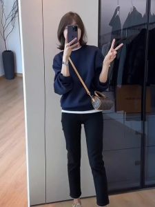 Loose Fit round Neck Sweatshirt Womens Light Blue American Style Spring Autumn Jacket Comfortable Soft Pure Color Hoodie