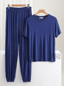Mens Sleepwear Two-Piece Set Modal round Neck Short Sleeve Long Pants Home Clothes Ice Silk Mid-aged Large Size Comfortable