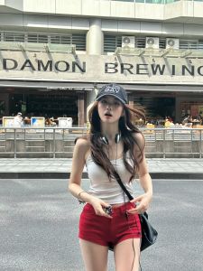 Red Womens High Waist Straight Leg Short Pants Butt Enhancing Casual Spring Summer Small Size Spicy Girl Wrap around Pants