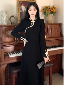 plus Size Chinese Style Long Sleeve Dress Womens Autumn Fashion Slimming Waist Design Elegant Little Black Dress