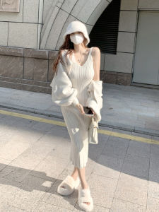 Váy Len Cardigan Dài Ôm Vừa Vặn Cho Nữ Mùa Thu Váy Dài Không Tay Cổ Chữ V Váy Dài Cho Phụ Nữ Mang Thai