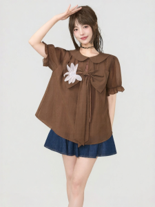 KEIKO | Bowtie Bubble Sleeve 3D Flower Decorated Collar Shirt
