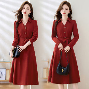 Red Long Sleeve Dress Elegant Professional Shirt Style Mid-Length A-Line Skirt High Waist Polyester Fiber Resin Solid Color