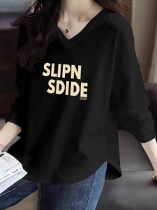 เสื้อยืดคอกว้างแขนยาวทรงหลวมสบาย ๆ สไตล์วัยรุ่น ผ้าฝ้าย 100% ฤดูร้อน 2024 สำหรับผู้หญิงวัย 18-35 ปี