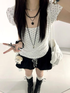 Sweet Polka Dot Bubble Sleeve U Neck Short Sleeve T Shirt Korean Style Tie Waist Slimming Summer Top Womens Fashion Cotton Knitwear