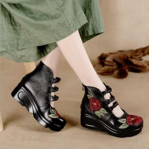 Embroidered Floral Hollow out Mommy Sandals Womens Thick Heel Waterproof Platform Retro Leather Stitching Cool Boots Spring Summer