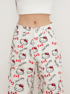 QIAOMIDUO | Cartoon Cat Full Print Graffiti Thin Denim Womens Summer Casual Pants High Waist Wide Leg Cotton Jeans Loose Fit Summer 2025