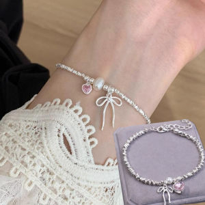 Fashion Pink Heart Bracelet for Women Silver Color Geometric Beads Adjustable Y2K Bracelets Girls Fashion Jewelry