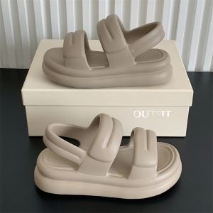 Phong Cách Hàn Quốc Dép Gót Dày Nữ Mùa Hè Đơn Giản Giày Đi Biển Trơn Màu Nguyên Chất Chống Trơn Trượt Thời Trang Sành Điệu Dây Đan Dép Đế Bằng