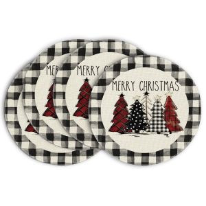 VIKAMA Round Buffalo Plaid Christmas Placemats Xmas Tree Merry Christmas Dining Table Home Kitchen Holiday Decor