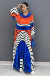 Fashionable Long Shirt Dress Autumn 2025 Orange Blue White Womens Elegant Casual Pleated Loose Style Printed Polyester Fiber