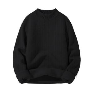 Mens Fleece Lined Half High Neck Knitwear Pure Color Simple Base Layer Shirt Black Wool Thickened Autumn Winter Fashion