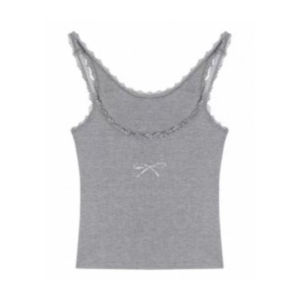 YUEZHONGWEI | French Lace Trim Grey Rhinestone Strap Vest Women Summer Outdoor Wear Slimming Short Sleeveless Inner Match Top For Girls