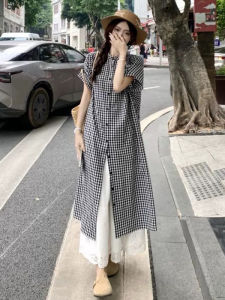 Loose Large Size Shirt Dress Womens Summer Short Sleeve Plaid Lazy Style Japanese Korean Cross Border Casual Fashion Dress