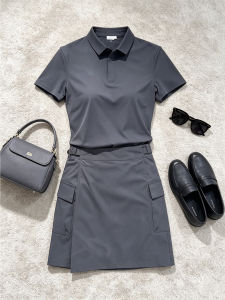 Stylish Exclusive Gray Polo T-Shirt and Skirt Set