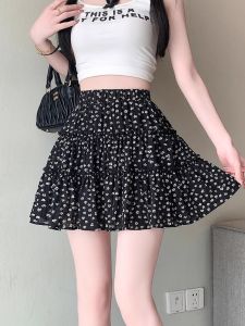 Váy Ngắn Chữ a Họa Tiết Hoa Cạp Cao Cho Nữ Váy Ngắn Phong Cách Ngọt Ngào Của Trường Đại Học Váy Ngắn Bằng Vải Polyester Màu Đen Váy Chữ a