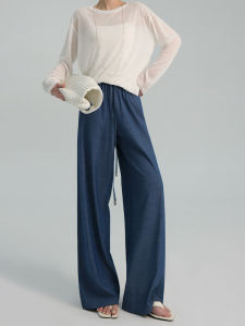 Ultra-Soft Gauze Cotton Denim Womens Pants Summer Thin Style Loose Fit High-End Ice Silk Wide-Leg Pants