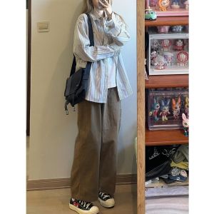 Deep Brown American Wide Leg Work Pants Womens Spring 2025 Loose BF Lazy Style Straight Casual Trousers High Waist Long Cotton
