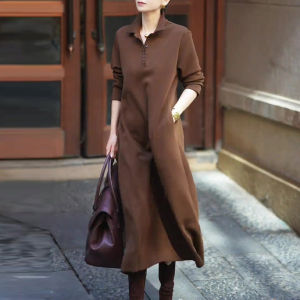 UYFY | Brown Polo Collar Dress Womens Autumn New Style Slimming Large Size Long Dress Simple Luxury Fashion Meat Covering Trendy
