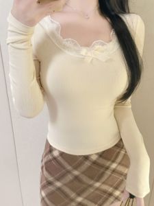 LUOFEN | Pure Desire Lace U-neck Long Sleeve Womens T-shirt Autumn Winter Slim Fit Tea Ceremony Inner Wear Short Top Base Shirt