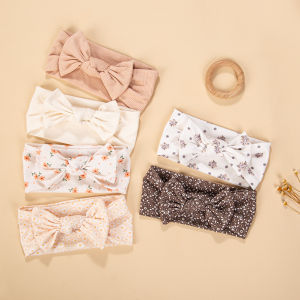 3Pcs/Lot Cream Color Mini Flower Print Bows Headbands Baby Girls Topknotted Headwraps Kid Korean Soft Ribbed Elastic Hairbands