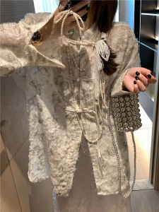 KKSTUDIO New Chinese Style Embroidered Butterfly 3D Shirt Womens Retro National Feel Collar Button up Long Sleeve Loose Fit