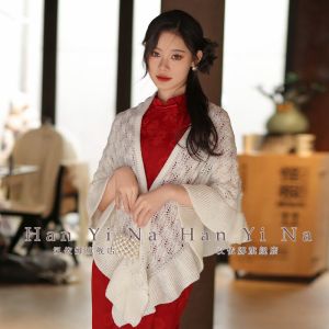 Elegant Knitted Cheongsam Shawl Womens Outerwear Cowl Neck Coat Retro Artistic Style for Spring Autumn Winter Seasons