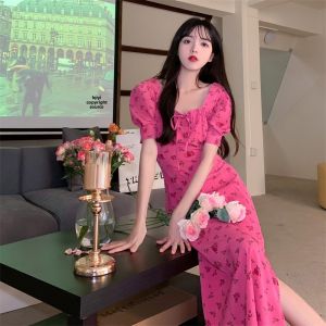 Summer New Design Sense Slit Tie Long Dress High Waist Shantung Material Rose Fairy Skirt Style Commute Polyester Fiber
