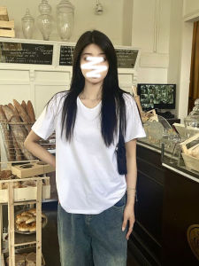 Pure Cotton White V-Neck Short Sleeve T-Shirt Womens Loose Fit Solid Color Summer Top Korean Style Casual Comfortable Tee