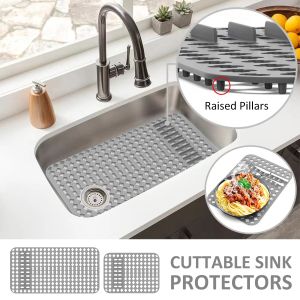 Silicone Sink Protector Non-slip Grey Sink Mat for Bottom Heat-Resistant Grid Tableware Dish Drying Pad Kitchen Draining Tool