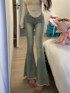 Quần Jeans Denim Ống Rộng Cạp Cao Quần Dài Ôm Dáng Thời Trang Xuân Mới Cho Nữ Quần Dài Đến Sàn Có Lỗ Xẻ Quần Jeans Denim